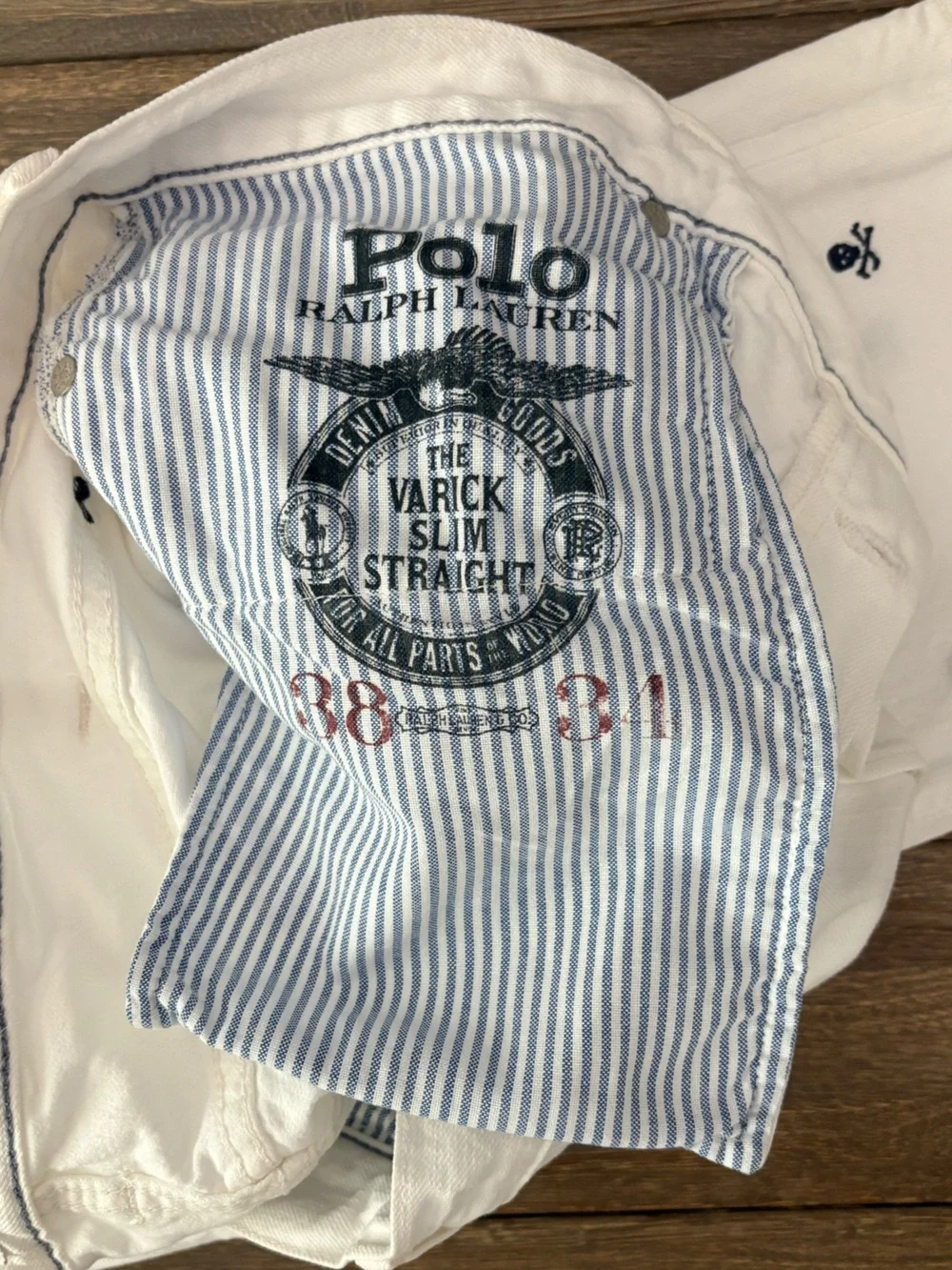 Polo Ralph Lauren White Slim Straight Denim Jeans Skull Crossbones 38x34 EUC